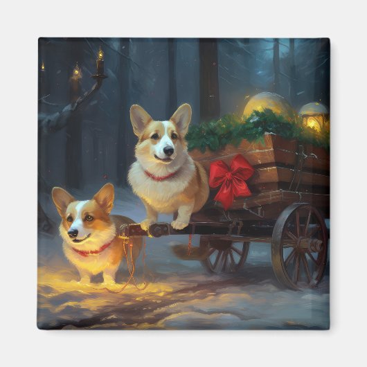 Aimant Décoration de Noël Chariot de Corgi enneigé (Devant)