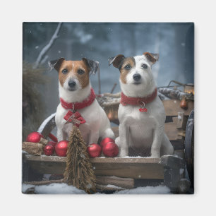 Aimant Décoration de Noël de traîneau enneigé Jack Russel