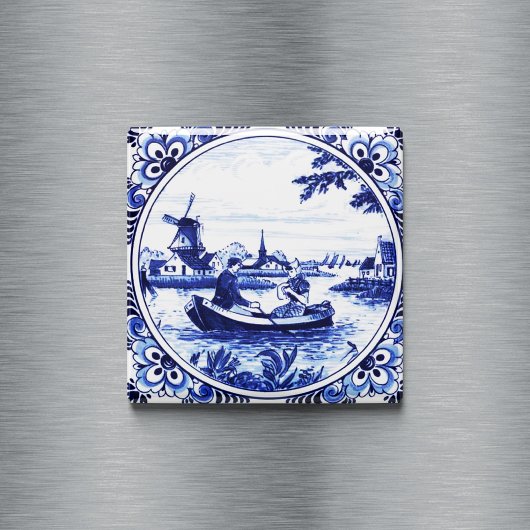 Aimant Delft Blue Vintage Romantic Boat Ride Peinture