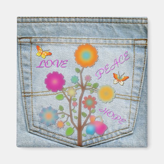 Aimant Denim Back Fleurs de poche Paix Aimer Espoir (Devant)