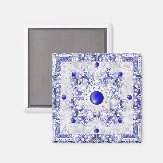 Aimant Dentelle en céramique Bleu de Grèce & flocon de ne (Recto/Verso)