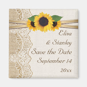 Aimant Dentelle et tournesols toile de jute mariage Carte