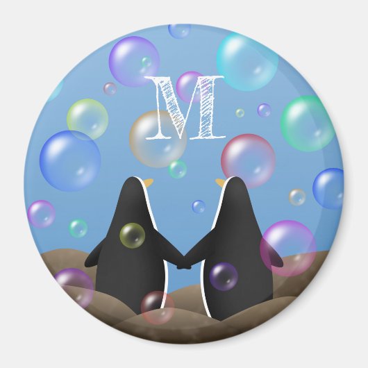 Aimant des amis pingouins regardant les bulles monogramme (Devant)