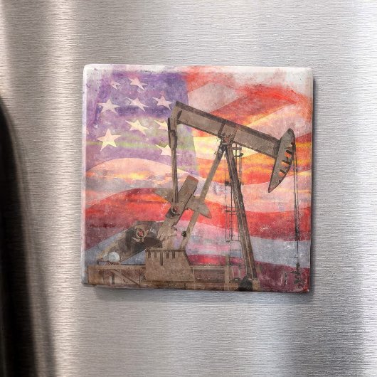 Aimant Dessin pastel patriotique d'un pumpjack au coucher