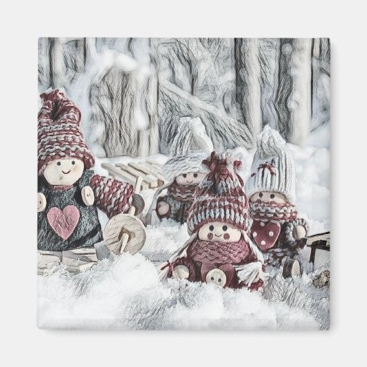 Aimant Dessin vintage de Gnomes dans la neige (Devant)