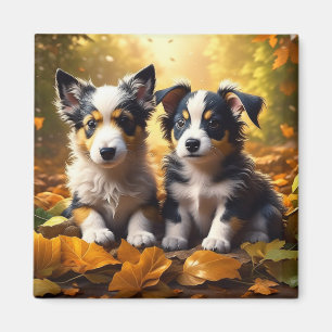 Aimant Deux mignons chiots qui jouent dans les feuilles d