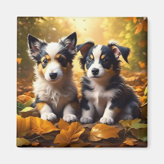 Aimant Deux mignons chiots qui jouent dans les feuilles d (Devant)