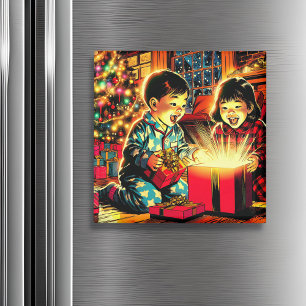 Aimant Deux mignons enfants d'Asie Vintage Noël