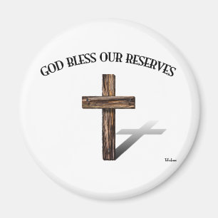 Aimant DIEU BÉNISSE NOS RÉSERVES avec une croix robuste