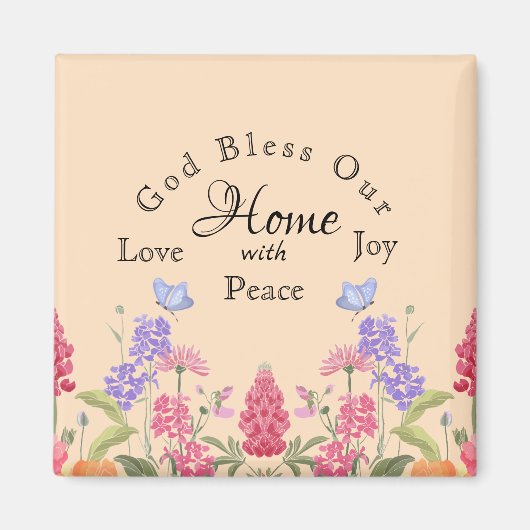 Aimant Dieu bénisse notre maison Beige Floral Fleurs sauv (Devant)