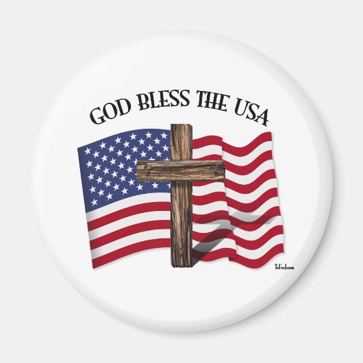 Aimant DIEU BLESS USA avec croix robuste et drapeau US (Devant)