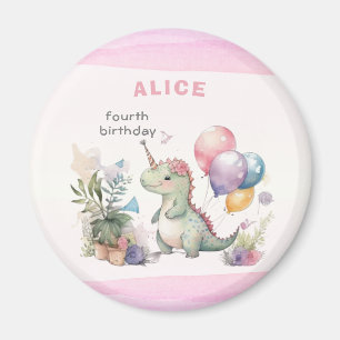 Aimant Dinosaure rose Fille aquarelle Anniversaire
