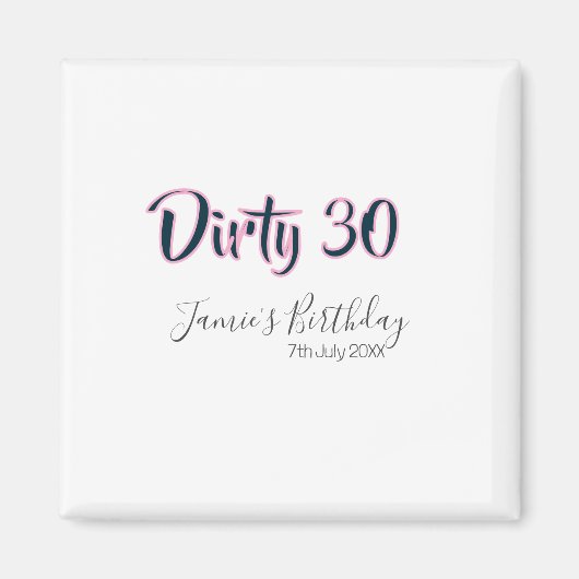 Aimant Dirty 30 joyeux anniversaire nom date rose gris ca (Devant)