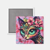 Aimant Diva Whimsical Big Eye Cat Kitty Floral (Recto/Verso)