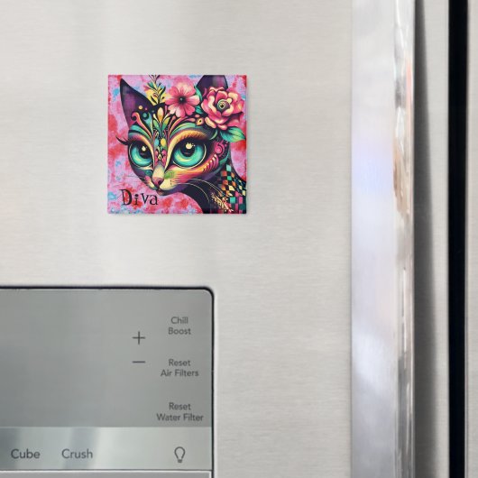 Aimant Diva Whimsical Big Eye Cat Kitty Floral (In situ (réfrigérateur))