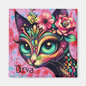 Aimant Diva Whimsical Big Eye Cat Kitty Floral (Devant)