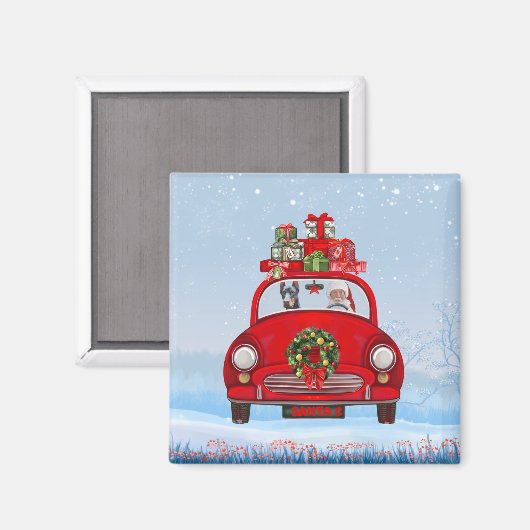 Aimant Doberman Chien En Voiture Avec Le Père Noël (Recto/Verso)