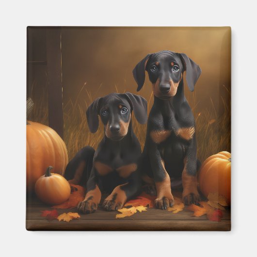 Aimant Doberman Chiot Automne Citrouille de plaisir (Devant)
