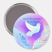 Aimant Dove blanche avec plumes roses et bleues (Recto/Verso)