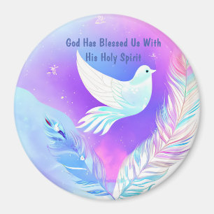 Aimant Dove blanche avec plumes roses et bleues