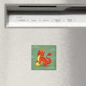 Aimant Dragon Chinois Rouge sur Fond Vert (In Situ (Lave-vaisselle))