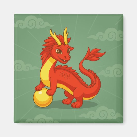 Aimant Dragon Chinois Rouge sur Fond Vert (Devant)