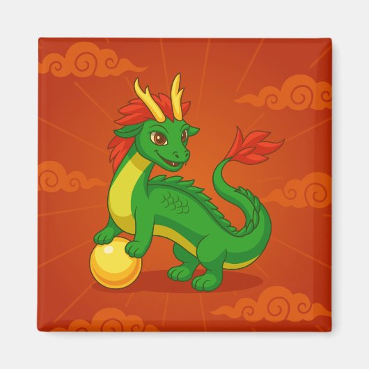 Aimant Dragon Chinois Vert sur Fond Rouge (Devant)