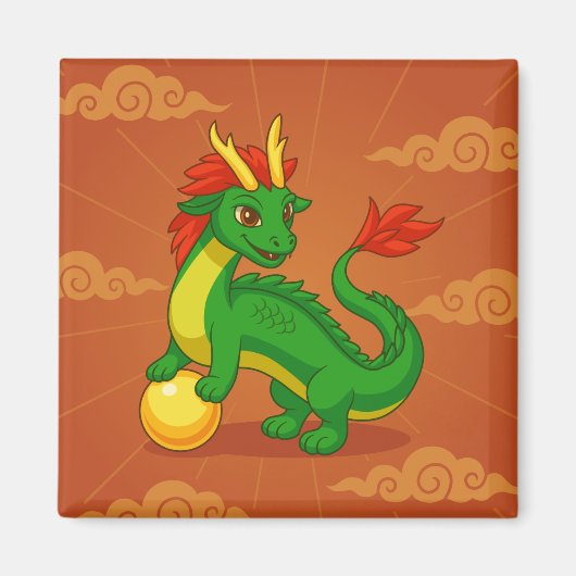 Aimant Dragon Chinois Vert sur Fond Rouge (Devant)