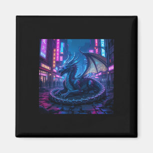 Aimant Dragon Majestueux Cyberpunk Reposé À Neon City Sti