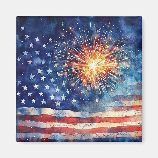 Aimant Drapeau américain et feux d'artifice & Serment amé (Devant)
