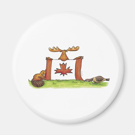 Aimant Drapeau canadien avec orignal, castor et oie (Devant)