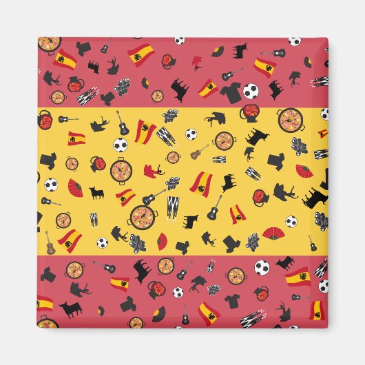 Aimant Drapeau espagnol avec des objets célèbres d'Espagn (Devant)