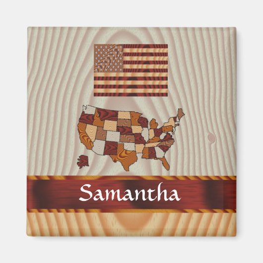 Aimant Drapeau et carte en bois américain (Devant)