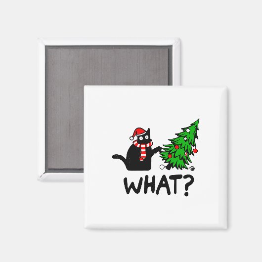 Aimant Drôle cadeau de chat noir Poussant l'arbre de Noël (Recto/Verso)