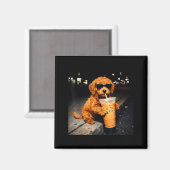 Aimant Drôle de Goldendoodle buvant du café glacé Mem Ani (Recto/Verso)