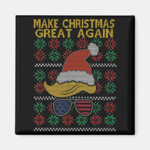 Aimant Drôle de pull de Noël moche Trump cheveux chapeau