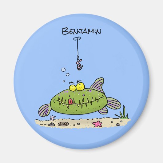 Aimant Drôle gras affamé poisson vert dessin de pêche (Devant)