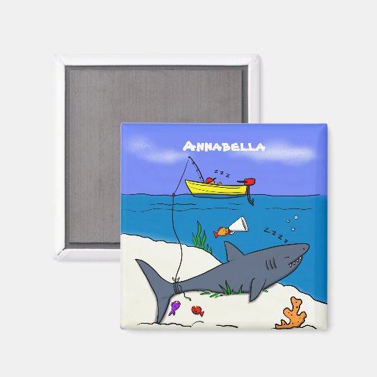 Aimant Drôle requin couché et dessin animé de pêche (Recto/Verso)