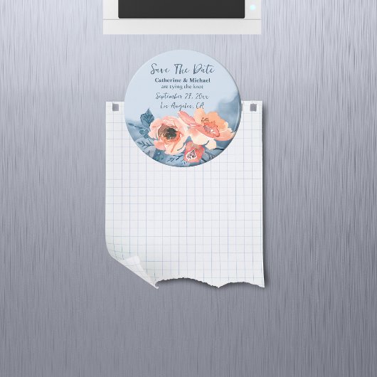 Aimant Dusty Blue & Coral Rose Aquarelle Mariage Floral