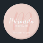 Aimant Écrivain Personnalisé De Script Moderne<br><div class="desc">Ajoutez une touche personnelle à votre mariage grâce à un aimant personnalisé de femme de chambre. Cet aimant présente le nom personnalisé de la servante d'accueil dans le style de police de script moderne blanc et monogramme dans le style de police de script moderne rose pâle comme arrière - plan...</div>