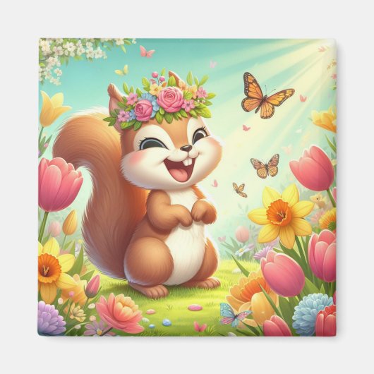 Aimant Écureuil du printemps mignon et heureux (Devant)