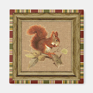 Aimant Écureuil rouge mignon sur Faux Jute Burlap Texture