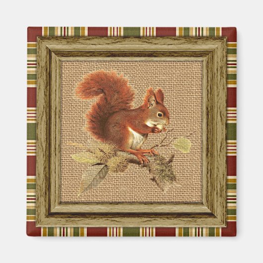 Aimant Écureuil rouge mignon sur Faux Jute Burlap Texture (Devant)