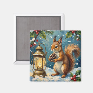 Aimant Écureuil vintage avec lanterne de Noël en hiver