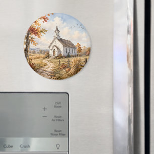 Aimant Église de campagne automnale, paysage à l'aquarell