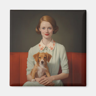 Aimant Élégance vintage : Femme avec chiot dans Pastel