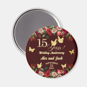Aimant Élégant Anniversaire de Mariage de 15 ans Fleurs O