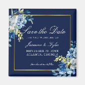 Aimant Élégant Bleu Marine et Or Fleurs Save the Date (Devant)