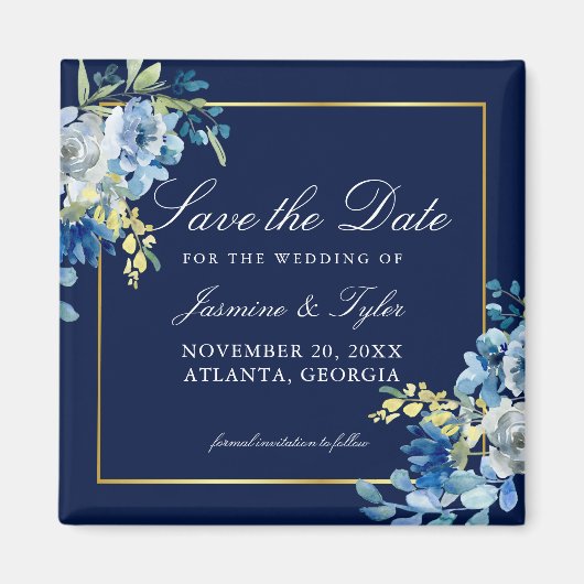 Aimant Élégant Bleu Marine et Or Fleurs Save the Date (Devant)