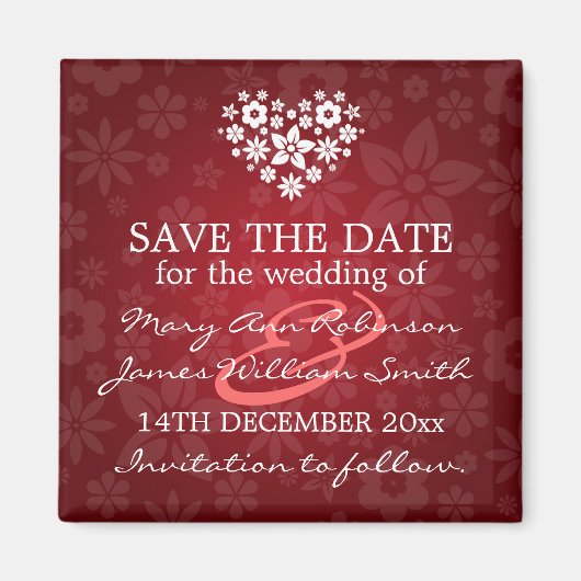 Aimant Élégant Enregistrer La Date Fleur Coeur Rouge (Devant)